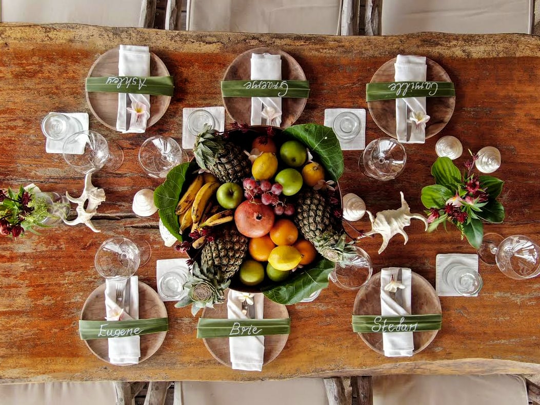 natural wedding table setting name place leaf