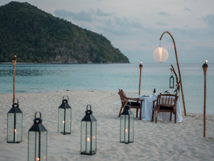 romantic private dining on beach at Bawah Reserve, Indonesia